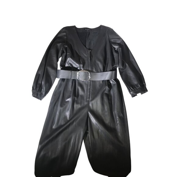 Eloquii Women's Black Plus Size Faux Leather Belted V Neck  Goth Glam Jumpsuit - Picture 4 of 10